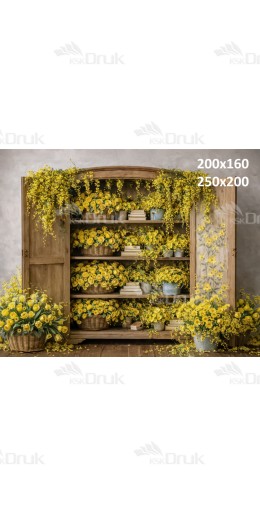 Tło fotograficzne „Rustykalna szafa pełna żółtych kwiatów” | E863